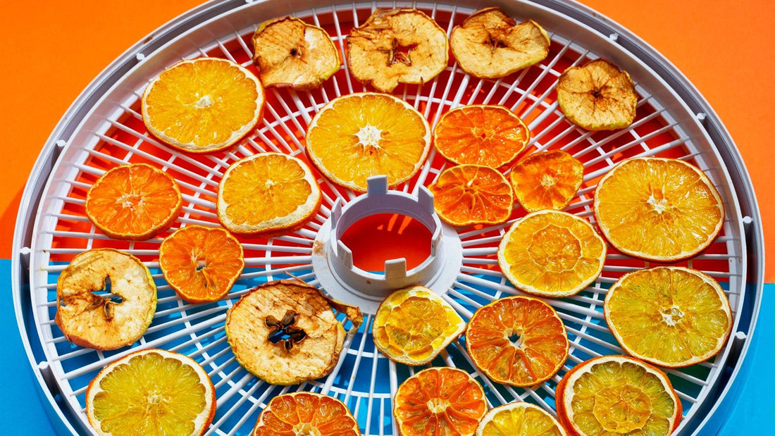 Tranches d'agrumes et de pommes séchées sur plateau de déshydrateur